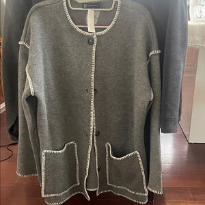 New York & Company Grey Knit Cardigan with Ivory Accent Stitching and Pockets